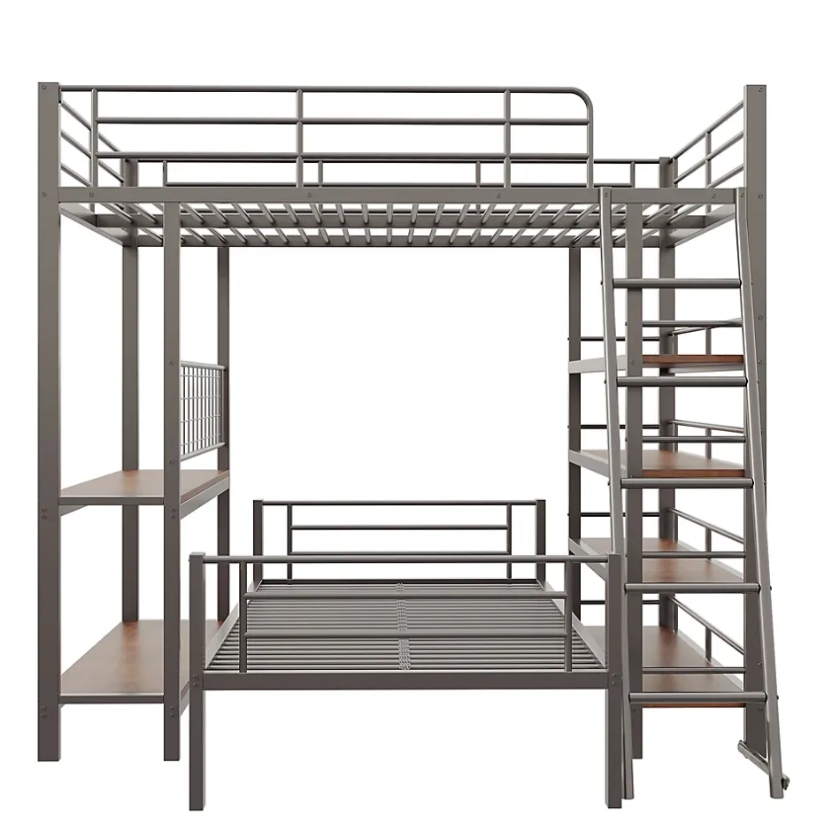 Okwish Lit mezzanine 140x200 cm - Lit double avec rangement multifonction, structure métal et MDF avec étagères - Sans matelas - Noir Best