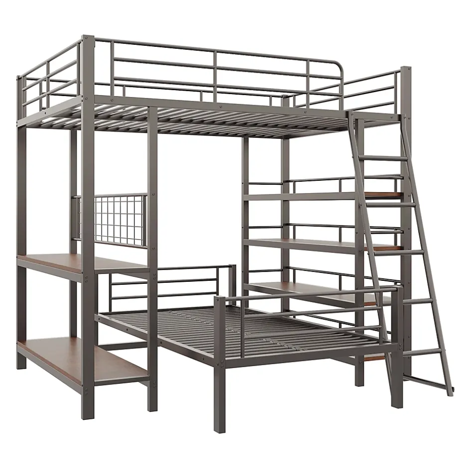 Okwish Lit mezzanine 140x200 cm - Lit double avec rangement multifonction, structure métal et MDF avec étagères - Sans matelas - Noir Best