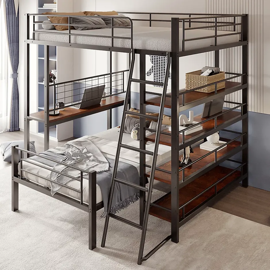Okwish Lit mezzanine 140x200 cm - Lit double avec rangement multifonction, structure métal et MDF avec étagères - Sans matelas - Noir Best