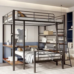 Okwish Lit mezzanine 140x200 cm - Lit double avec rangement multifonction, structure métal et MDF avec étagères - Sans matelas - Noir Best