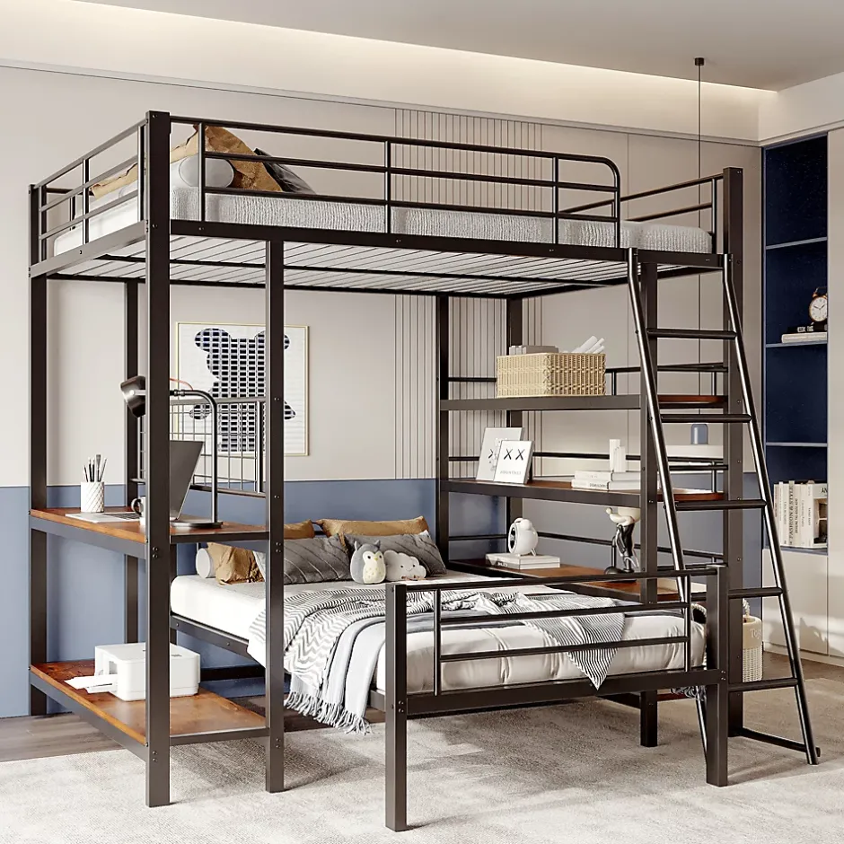 Okwish Lit mezzanine 140x200 cm - Lit double avec rangement multifonction, structure métal et MDF avec étagères - Sans matelas - Noir Best