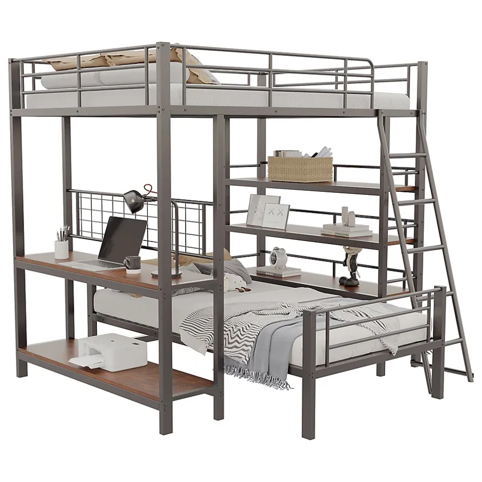 Okwish Lit mezzanine 140x200 cm - Lit double avec rangement multifonction, structure métal et MDF avec étagères - Sans matelas - Noir Best