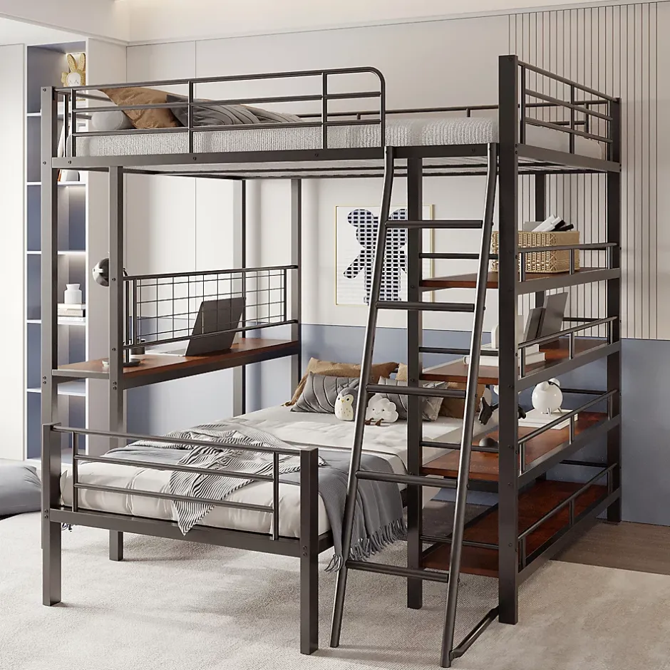 Okwish Lit mezzanine 140x200 cm - Lit double avec rangement multifonction, structure métal et MDF avec étagères - Sans matelas - Noir Best