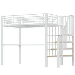 Okwish Lit mezzanine 140x200 cm - Lit double avec rangement et escalier, structure métallique robuste - Blanc - Sans matelas New