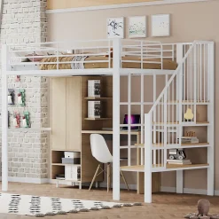 Okwish Lit mezzanine 140x200 cm - Lit double avec rangement et escalier, structure métallique robuste - Blanc - Sans matelas New