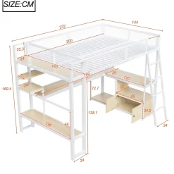 Okwish Lit Mezzanine 140x200 cm - Lit Double avec LED Intégrée et Bureau, Garde-Corps Sécurisé, sans Matelas - Métal Blanc Outlet