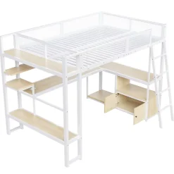 Okwish Lit Mezzanine 140x200 cm - Lit Double avec LED Intégrée et Bureau, Garde-Corps Sécurisé, sans Matelas - Métal Blanc Outlet