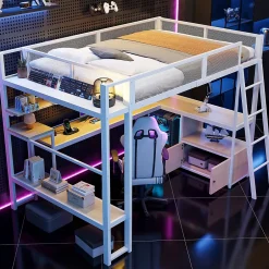 Okwish Lit Mezzanine 140x200 cm - Lit Double avec LED Intégrée et Bureau, Garde-Corps Sécurisé, sans Matelas - Métal Blanc Outlet