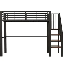 Okwish Lit mezzanine 140x200 cm - Lit double avec rangement et escalier, structure métallique robuste - Noir - Sans matelas Outlet