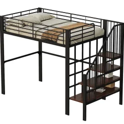 Okwish Lit mezzanine 140x200 cm - Lit double avec rangement et escalier, structure métallique robuste - Noir - Sans matelas Outlet