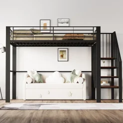 Okwish Lit mezzanine 140x200 cm - Lit double avec rangement et escalier, structure métallique robuste - Noir - Sans matelas Outlet
