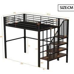Okwish Lit mezzanine 140x200 cm - Lit double avec rangement et escalier, structure métallique robuste - Noir - Sans matelas Outlet