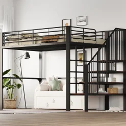 Okwish Lit mezzanine 140x200 cm - Lit double avec rangement et escalier, structure métallique robuste - Noir - Sans matelas Outlet