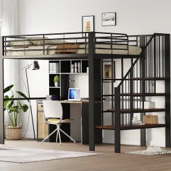 Okwish Lit mezzanine 140x200 cm - Lit double avec rangement et escalier, structure métallique robuste - Noir - Sans matelas Outlet
