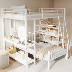 Okwish Lit mezzanine 140x200 cm - Lit double avec rangement multifonction, structure métal et MDF avec étagères - Sans matelas - Blanc Online