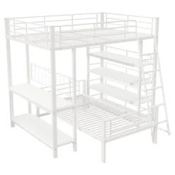 Okwish Lit mezzanine 140x200 cm - Lit double avec rangement multifonction, structure métal et MDF avec étagères - Sans matelas - Blanc Online