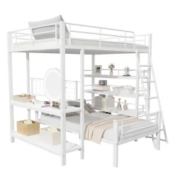 Okwish Lit mezzanine 140x200 cm - Lit double avec rangement multifonction, structure métal et MDF avec étagères - Sans matelas - Blanc Online