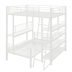 Okwish Lit mezzanine 140x200 cm - Lit double avec rangement multifonction, structure métal et MDF avec étagères - Sans matelas - Blanc Online