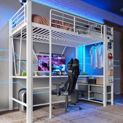 Okwish Lit Mezzanine 90x200 cm - Lit Déco avec Rangement - Métal et MDF - Sans Matelas - Blanc