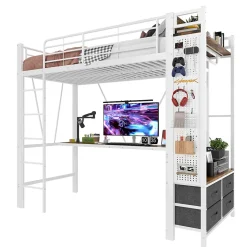 Okwish Lit Mezzanine 90x200 cm - Lit Déco avec Rangement - Métal et MDF - Sans Matelas - Blanc
