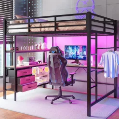Okwish Lit Mezzanine 140x200 cm - Lit Double avec Éclairage LED, Bureau et Prises USB, en Métal et MDF, sans Matelas, Noir Best