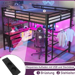 Okwish Lit Mezzanine 140x200 cm - Lit Double avec Éclairage LED, Bureau et Prises USB, en Métal et MDF, sans Matelas, Noir Best