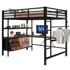 Okwish Lit Mezzanine 140x200 cm - Lit Double avec Éclairage LED, Bureau et Prises USB, en Métal et MDF, sans Matelas, Noir Best