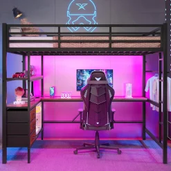Okwish Lit Mezzanine 140x200 cm - Lit Double avec Éclairage LED, Bureau et Prises USB, en Métal et MDF, sans Matelas, Noir Best