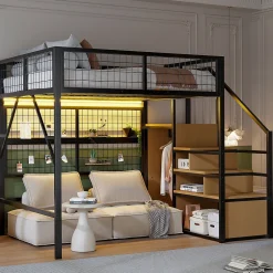 Okwish Lit mezzanine 140x200 cm - Lit double déco avec éclairage LED et rangement sous lit - Armoire ouverte en MDF et métal - Noir