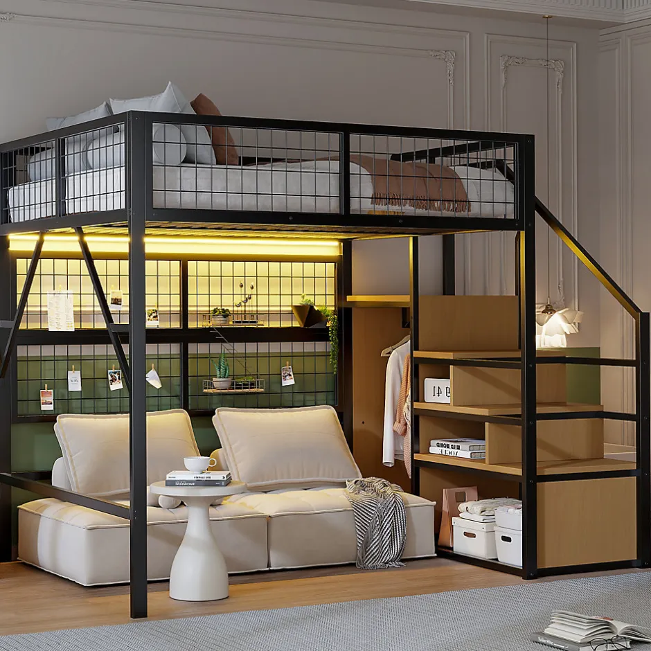 Okwish Lit mezzanine 140x200 cm - Lit double déco avec éclairage LED et rangement sous lit - Armoire ouverte en MDF et métal - Noir