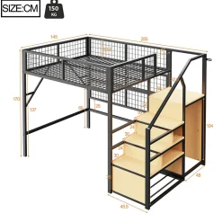 Okwish Lit mezzanine 140x200 cm - Lit double déco avec éclairage LED et rangement sous lit - Armoire ouverte en MDF et métal - Noir