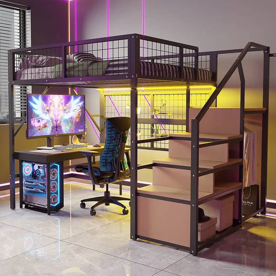 Okwish Lit mezzanine 140x200 cm - Lit double déco avec éclairage LED et rangement sous lit - Armoire ouverte en MDF et métal - Noir