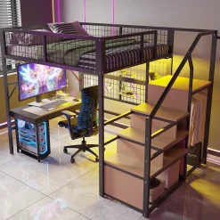 Okwish Lit mezzanine 140x200 cm - Lit double déco avec éclairage LED et rangement sous lit - Armoire ouverte en MDF et métal - Noir