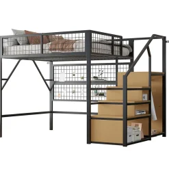 Okwish Lit mezzanine 140x200 cm - Lit double déco avec éclairage LED et rangement sous lit - Armoire ouverte en MDF et métal - Noir