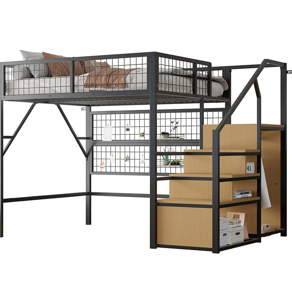 Okwish Lit mezzanine 140x200 cm - Lit double déco avec éclairage LED et rangement sous lit - Armoire ouverte en MDF et métal - Noir