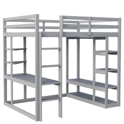 Okwish Lit mezzanine 140x200 cm - Lit double avec bureau intégré, rangements pratiques et échelle - Bois de pin et MDF - Gris New