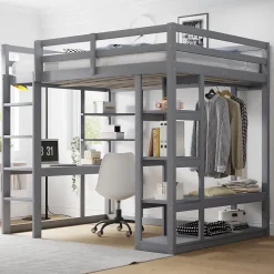Okwish Lit mezzanine 140x200 cm - Lit double avec bureau intégré, rangements pratiques et échelle - Bois de pin et MDF - Gris New