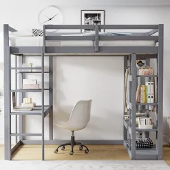 Okwish Lit mezzanine 140x200 cm - Lit double avec bureau intégré, rangements pratiques et échelle - Bois de pin et MDF - Gris New