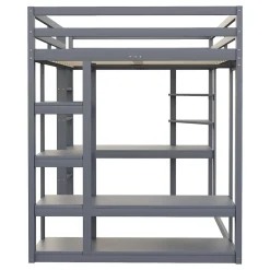 Okwish Lit mezzanine 140x200 cm - Lit double avec bureau intégré, rangements pratiques et échelle - Bois de pin et MDF - Gris New