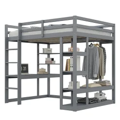 Okwish Lit mezzanine 140x200 cm - Lit double avec bureau intégré, rangements pratiques et échelle - Bois de pin et MDF - Gris New