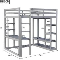 Okwish Lit mezzanine 140x200 cm - Lit double avec bureau intégré, rangements pratiques et échelle - Bois de pin et MDF - Gris New