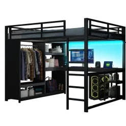 Okwish Lit Mezzanine 160x200 cm - Lit Double avec Bureau et Armoire Ouverte, Rangements et Éclairage LED, sans Matelas - Métal Noir Discount