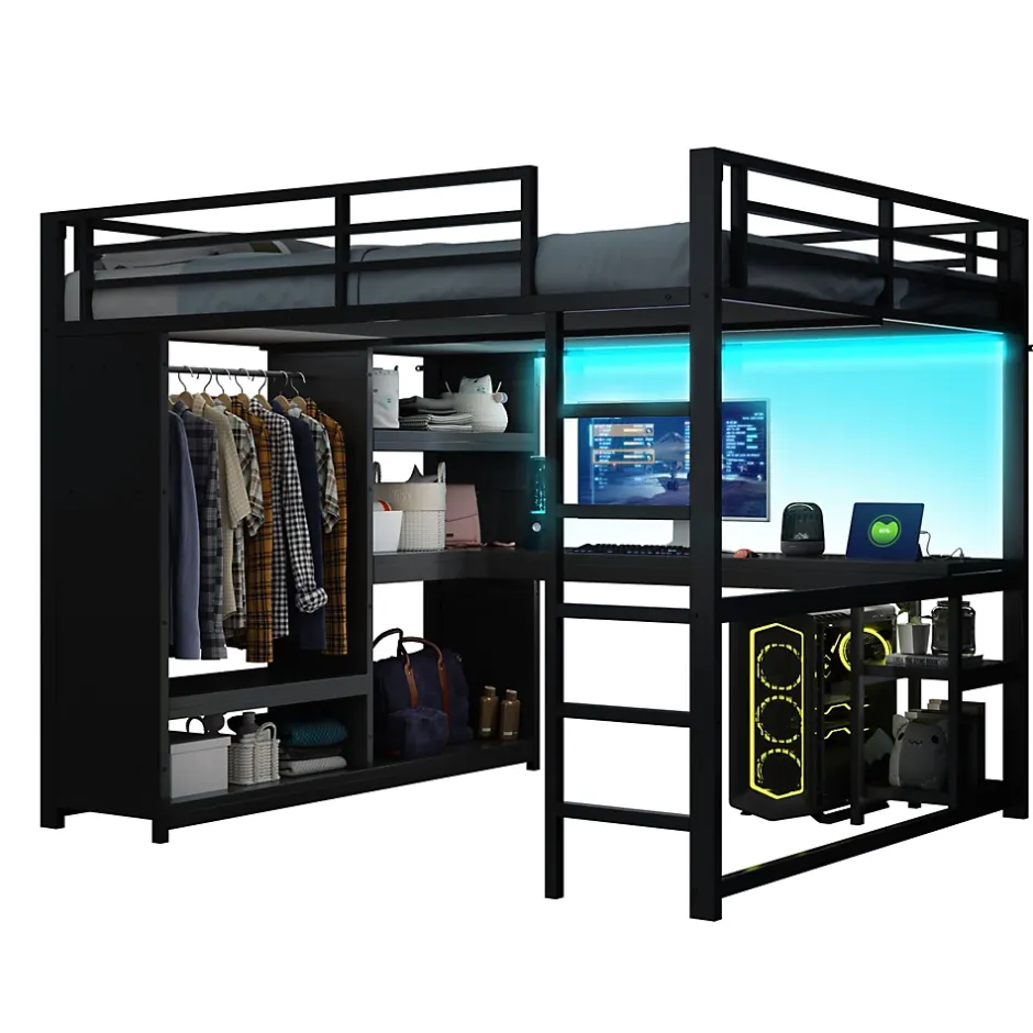 Okwish Lit Mezzanine 160x200 cm - Lit Double avec Bureau et Armoire Ouverte, Rangements et Éclairage LED, sans Matelas - Métal Noir Discount