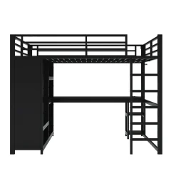 Okwish Lit Mezzanine 160x200 cm - Lit Double avec Bureau et Armoire Ouverte, Rangements et Éclairage LED, sans Matelas - Métal Noir Discount