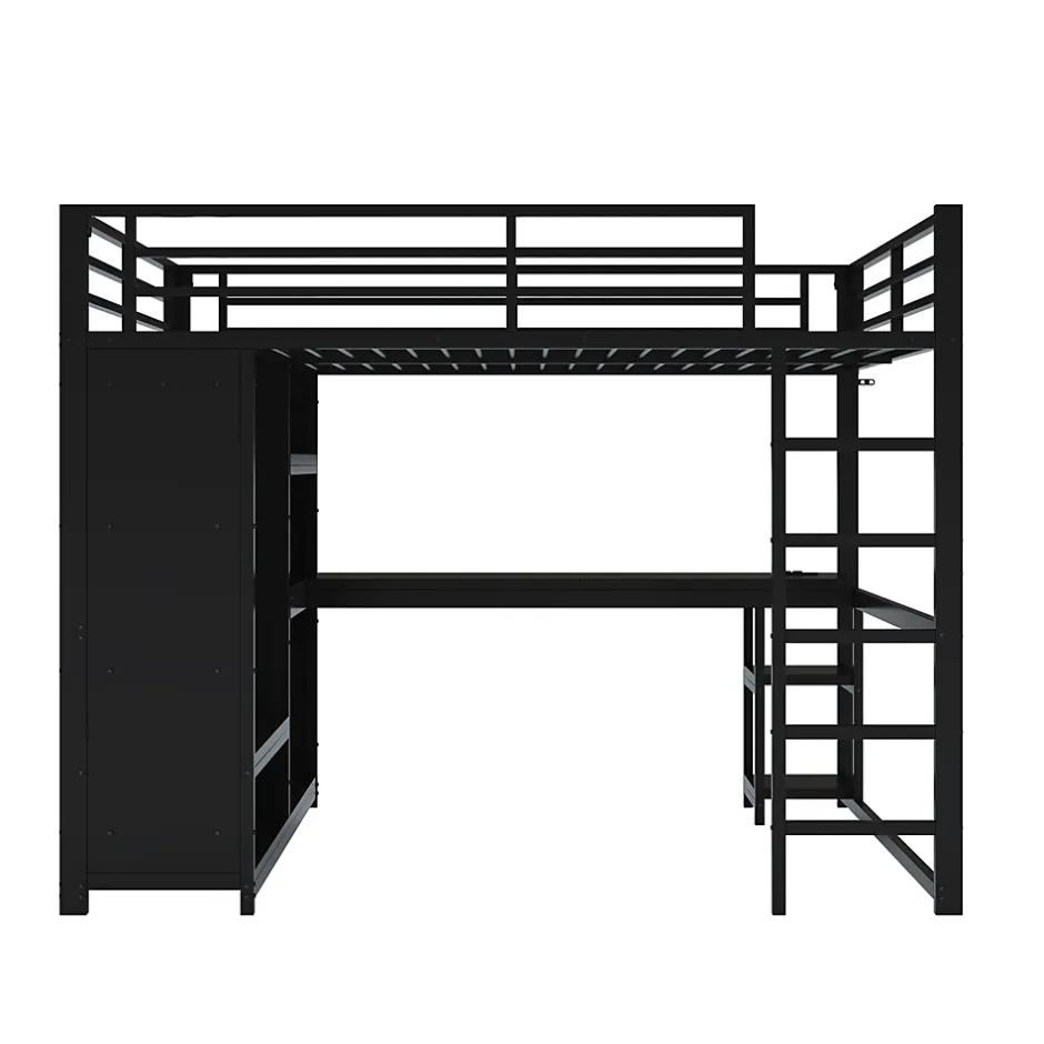 Okwish Lit Mezzanine 160x200 cm - Lit Double avec Bureau et Armoire Ouverte, Rangements et Éclairage LED, sans Matelas - Métal Noir Discount