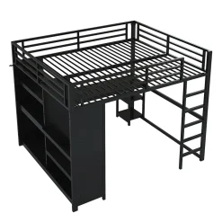 Okwish Lit Mezzanine 160x200 cm - Lit Double avec Bureau et Armoire Ouverte, Rangements et Éclairage LED, sans Matelas - Métal Noir Discount