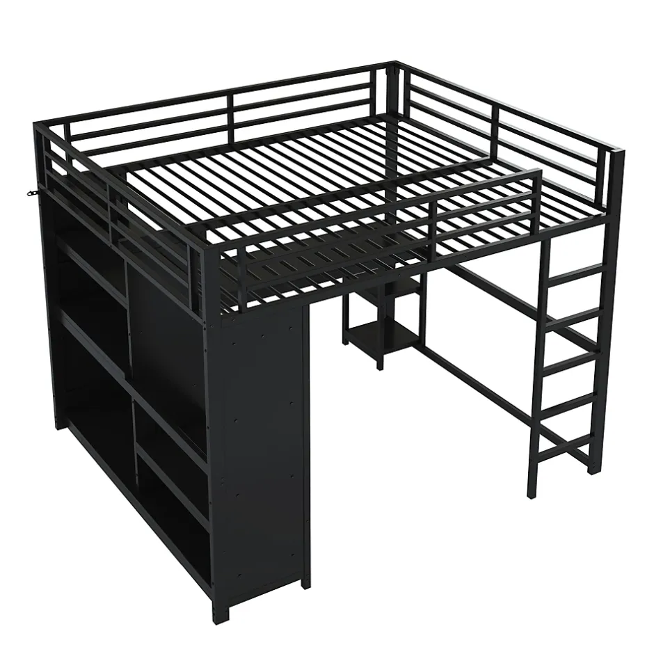 Okwish Lit Mezzanine 160x200 cm - Lit Double avec Bureau et Armoire Ouverte, Rangements et Éclairage LED, sans Matelas - Métal Noir Discount