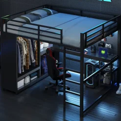 Okwish Lit Mezzanine 160x200 cm - Lit Double avec Bureau et Armoire Ouverte, Rangements et Éclairage LED, sans Matelas - Métal Noir Discount