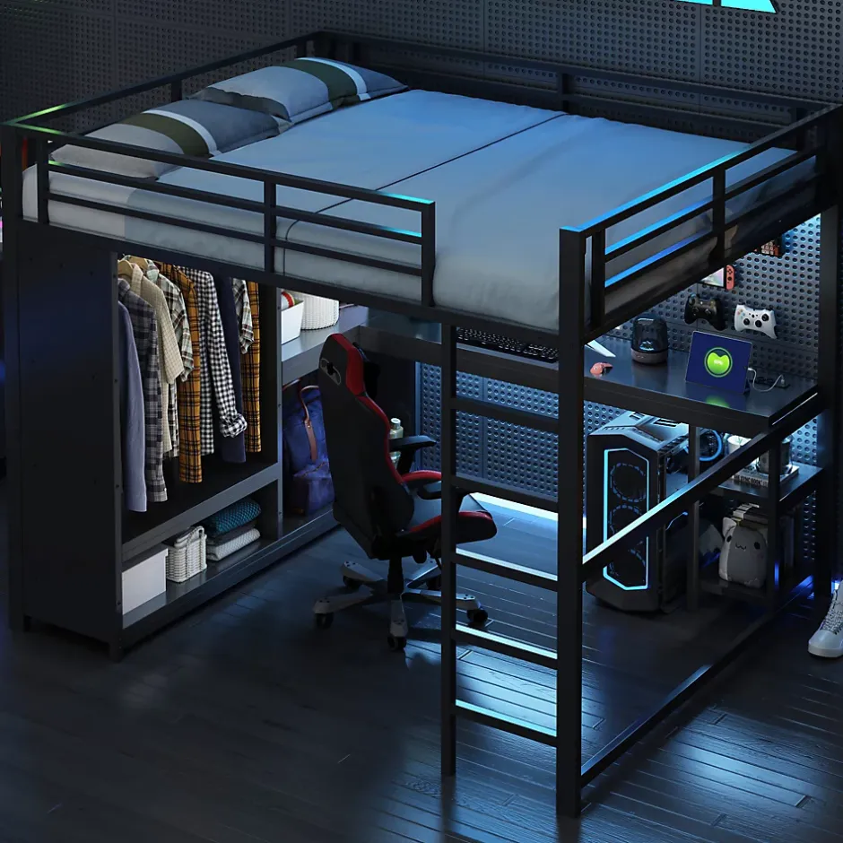 Okwish Lit Mezzanine 160x200 cm - Lit Double avec Bureau et Armoire Ouverte, Rangements et Éclairage LED, sans Matelas - Métal Noir Discount