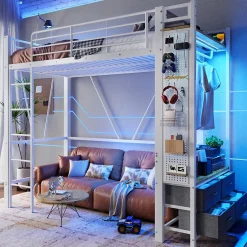 Okwish Lit Mezzanine 90x200 cm - Lit Déco avec Bureau et Rangement - Métal et MDF - Sans Matelas - Blanc